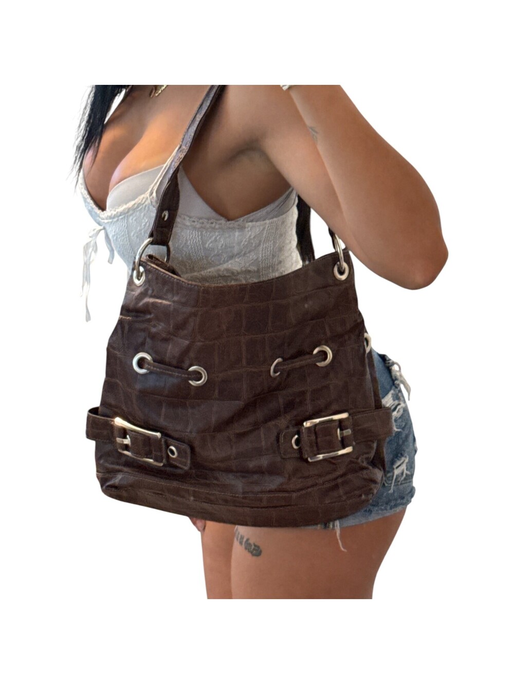 Alfred Dunner Brown Croc Embossed Leather Shoulder Bag